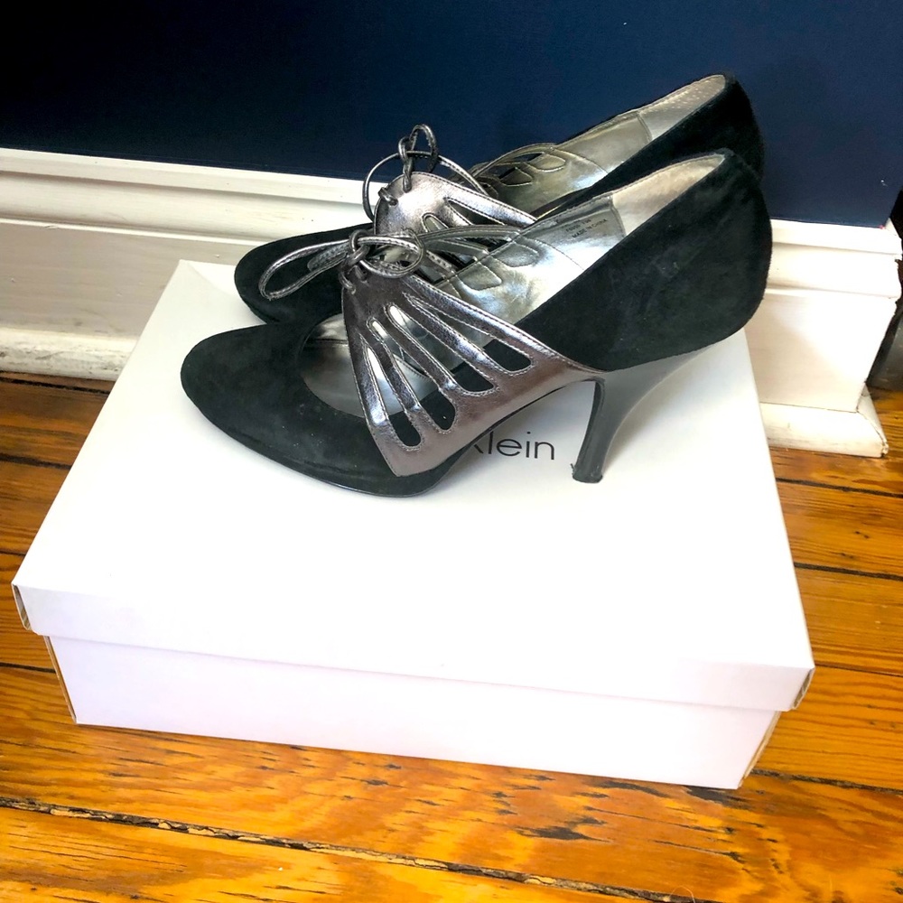 Calvin Klein black and silver heels with tie bow